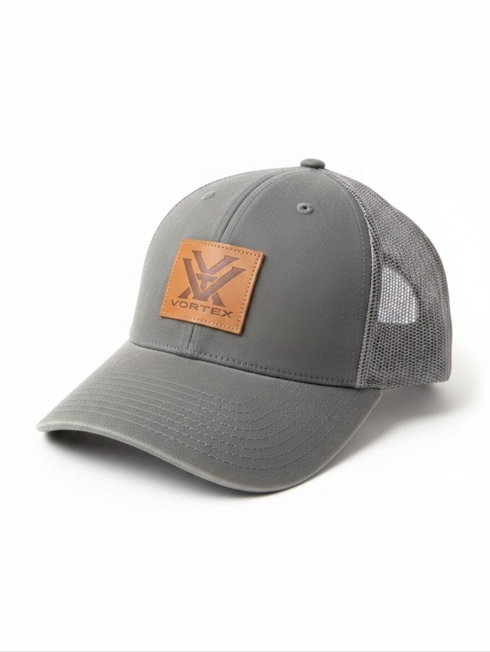 Vortex Optics Heather Gray Trucker Hat Faux Leather Patch Mesh Snapback OSFM